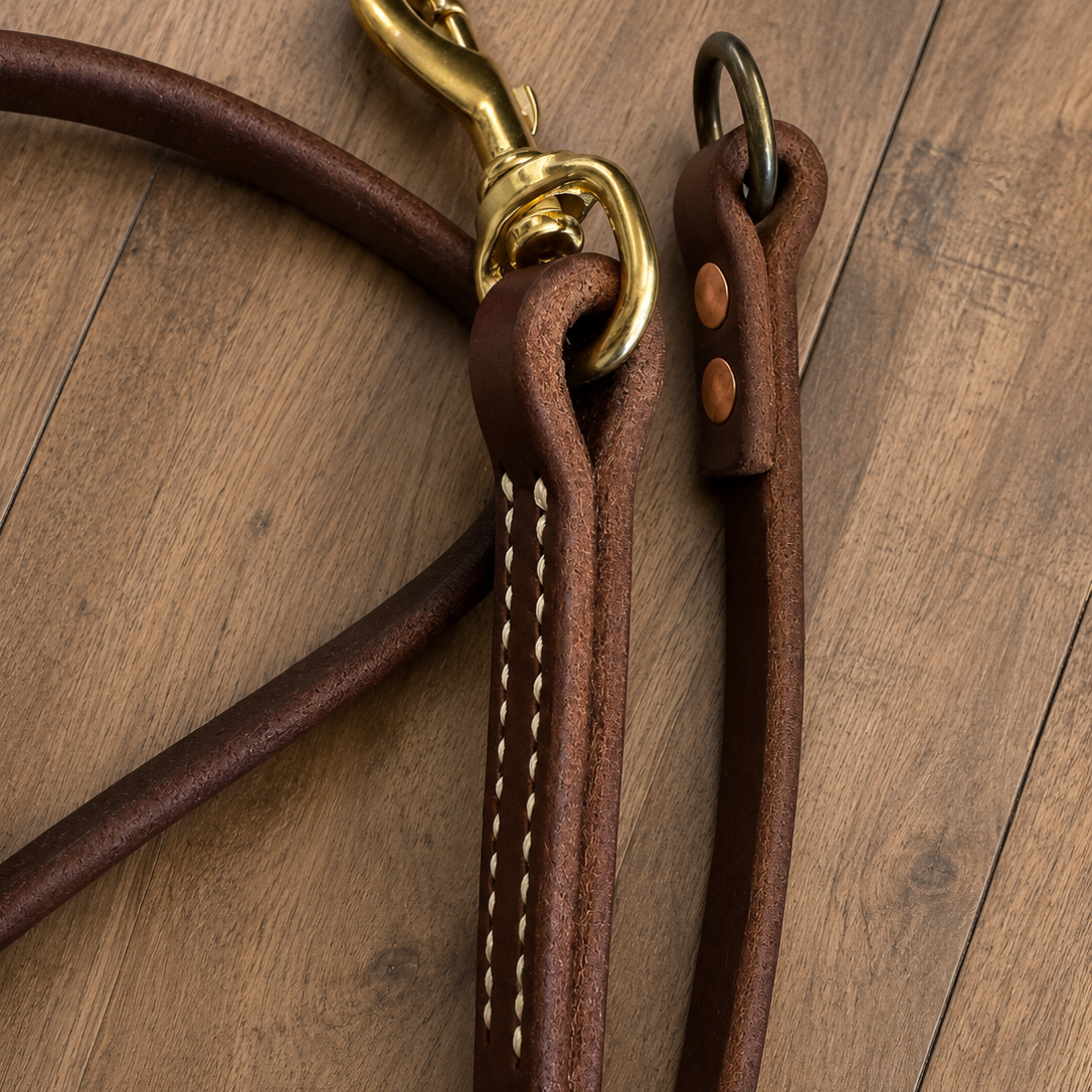 Full-grain leather working dog lead for leather care guide