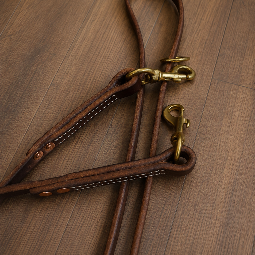 Leather working dog lead with dual brass snaps