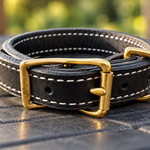 Close-up of buckle, adjustment holes and D-ring on black leather working collar