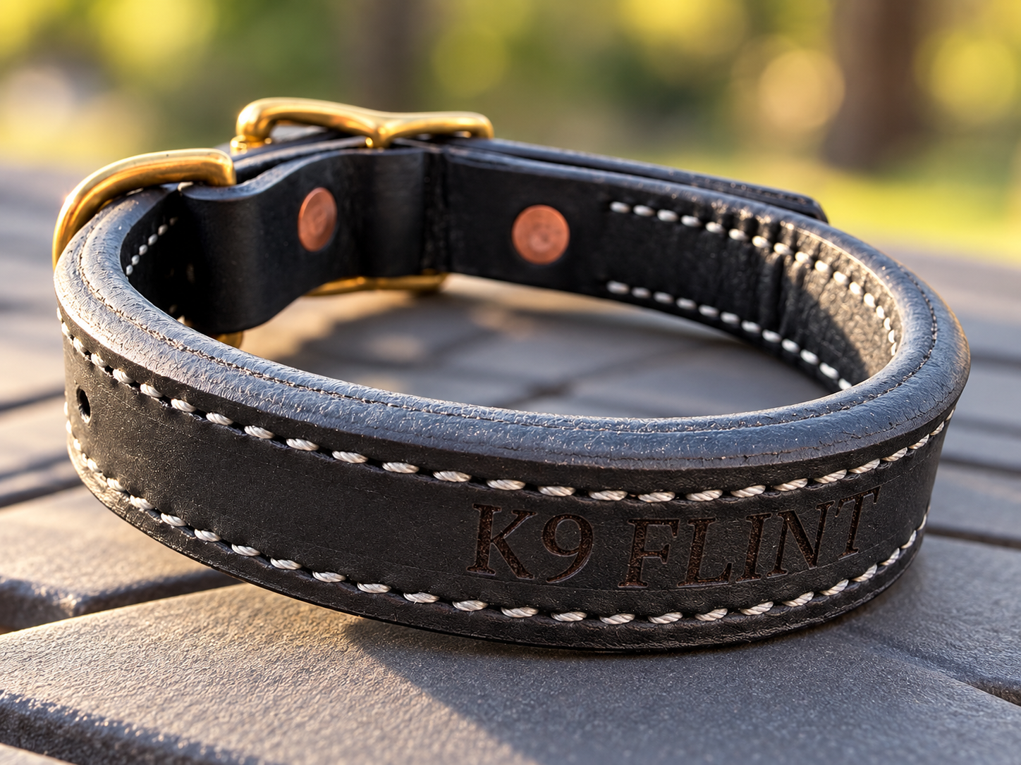 Back of black leather working collar showing K9 FLINT engraving and white stitching