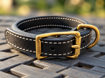 1 inch black leather working dog collar with white stitching and gold-colored buckle and D-ring