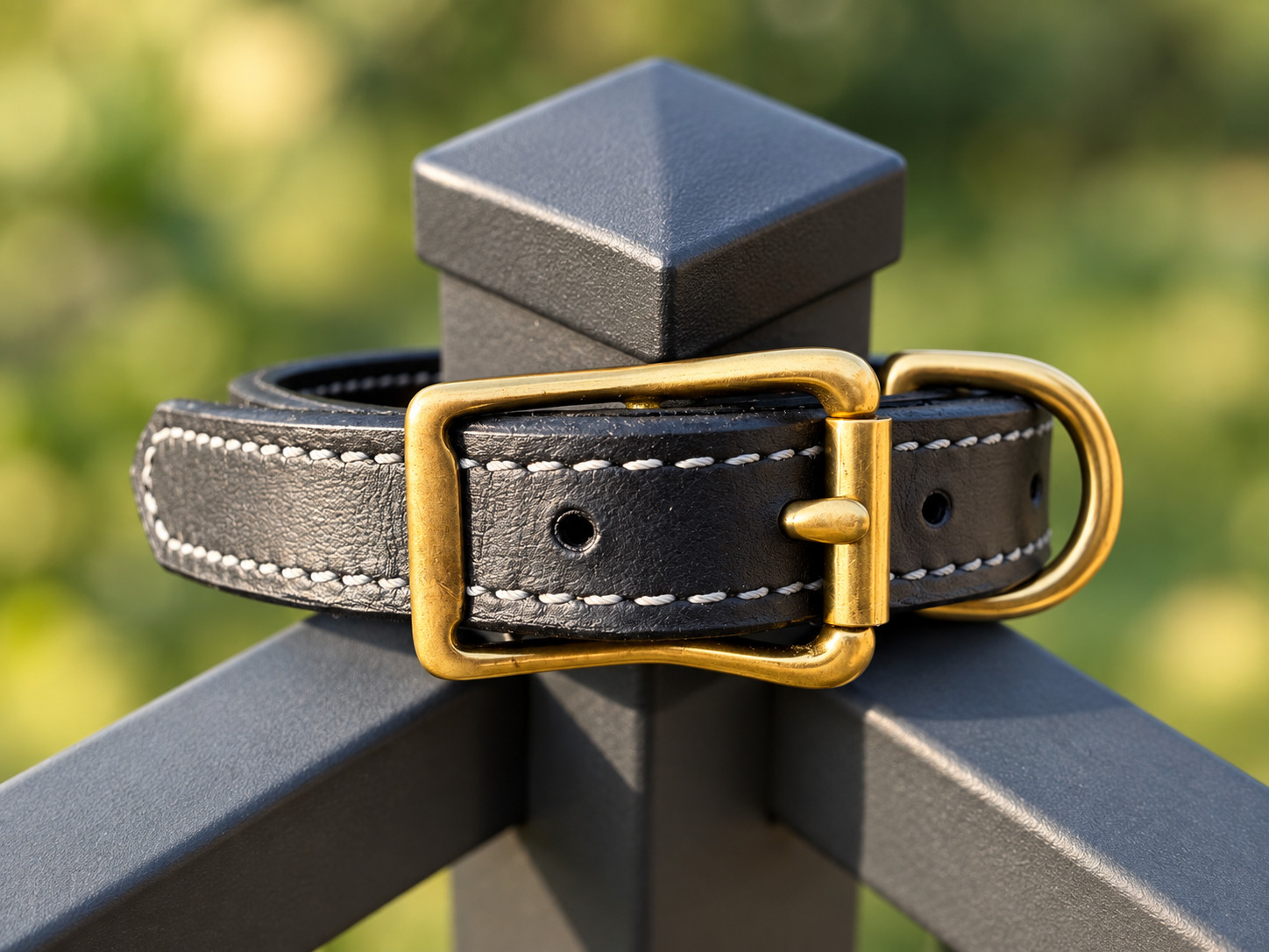 Black leather working collar with white stitching displayed on an outdoor fence post
