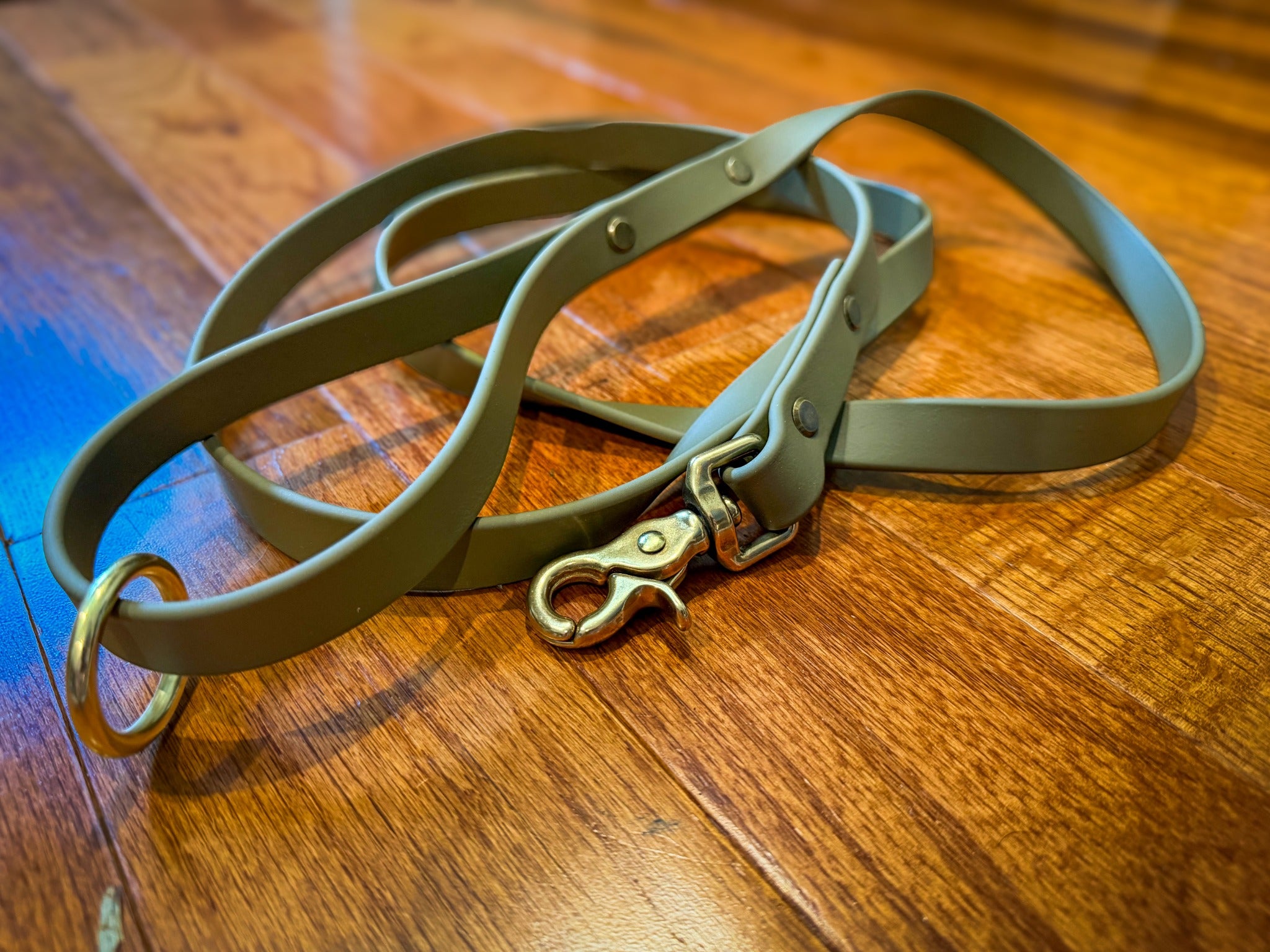Lobster clasp and Chicago screw connections on the olive BioThane leash