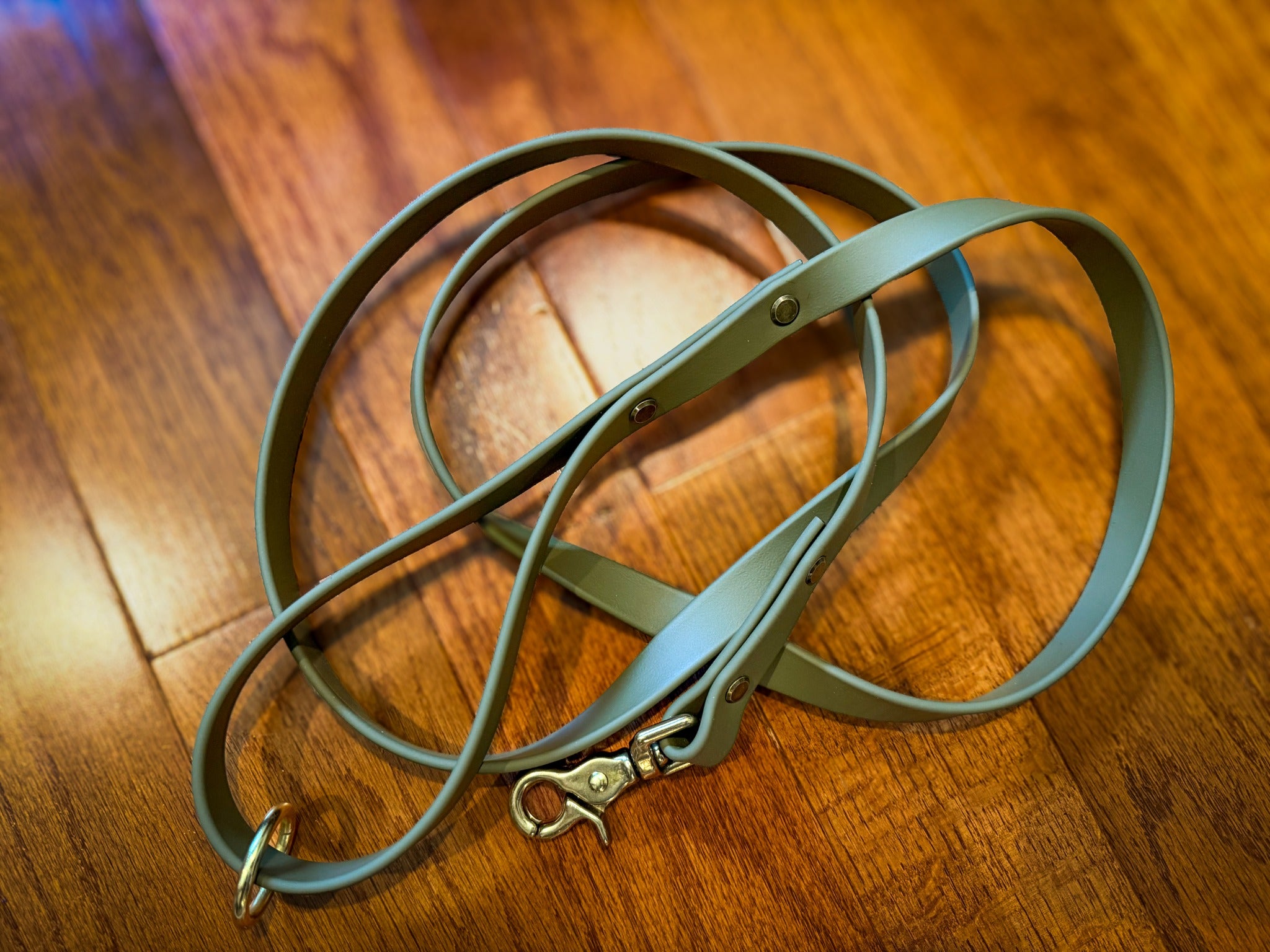 Olive BioThane leash showing hand loop and optional floating ring