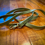 Olive BioThane leash with lobster clasp, floating ring and Chicago screws