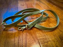 Olive BioThane leash with lobster clasp, floating ring and Chicago screws