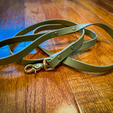 Olive BioThane leash with lobster clasp, floating ring and Chicago screws