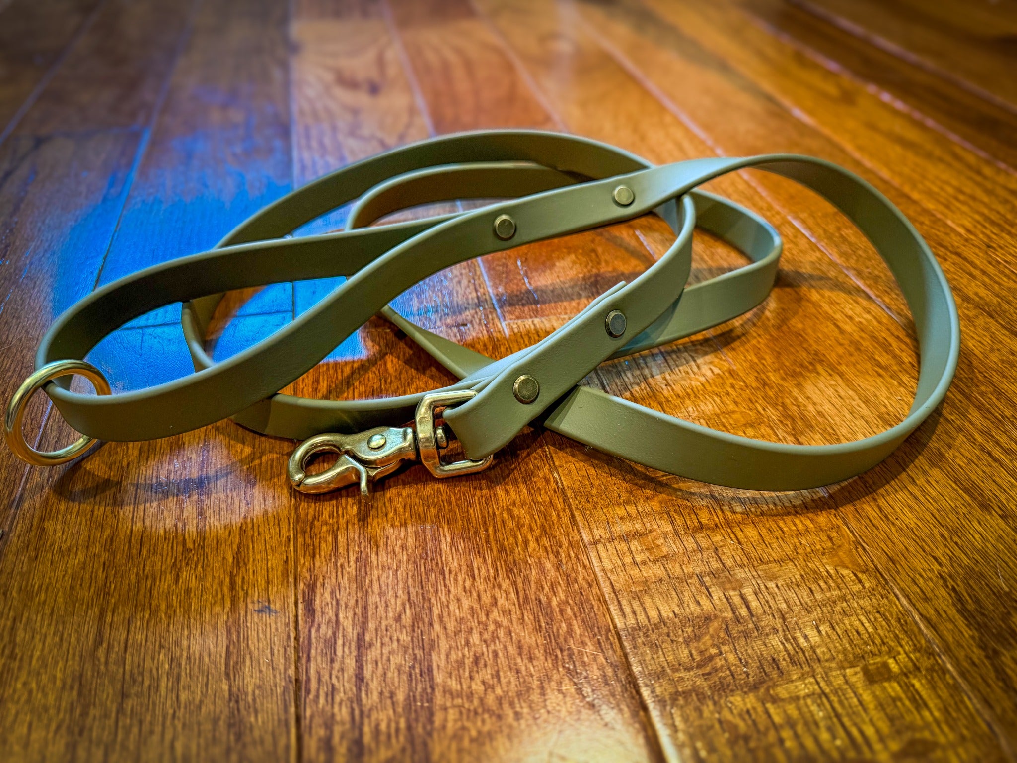 Olive BioThane leash with lobster clasp, floating ring and Chicago screws
