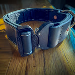 Black leather COBRA working collar showing quick-release buckle, stitching and D-ring