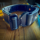 Black leather COBRA working collar showing quick-release buckle, stitching and D-ring