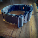 Black leather COBRA collar showing layered leather edge and buckle profile