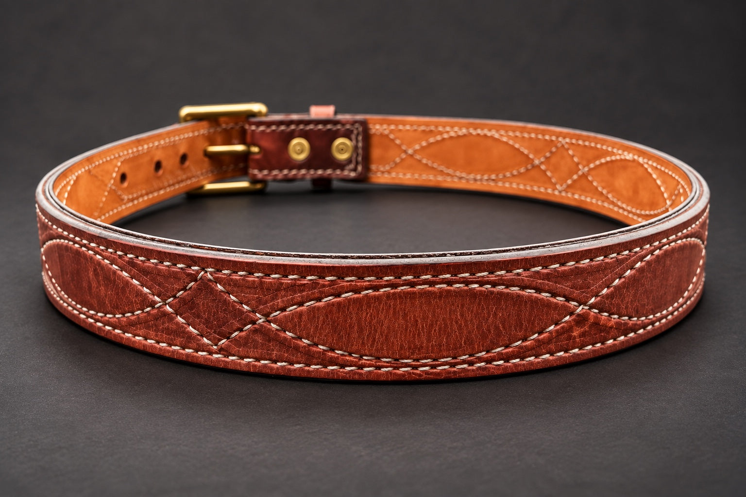 The Young Brand EDC Belt rear leather stitching detail on black studio background